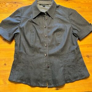 Denim jacket- short sleeves, button front, flared, pleated back.